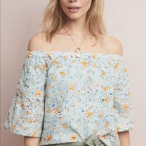 LAIA Anthropologie Ashtabula Embroidered Eyelet Ruffle Top
